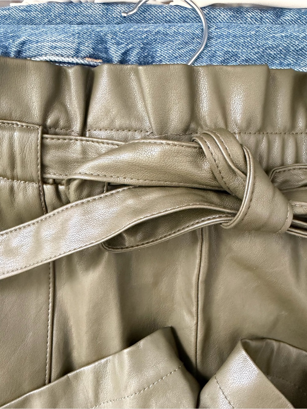 Cato's Olive Faux Leather Paperbag Shorts | Size Medium | Belted Waist - Picture 5 of 6